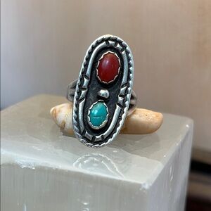 Silver Ring with Red Coral and Turquoise Stones